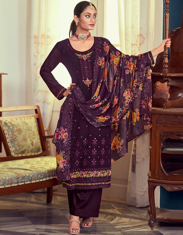 Heavy Traditional Designer Party Wear Salwar Kameez Purple Georgette Pant Straight Long Front View